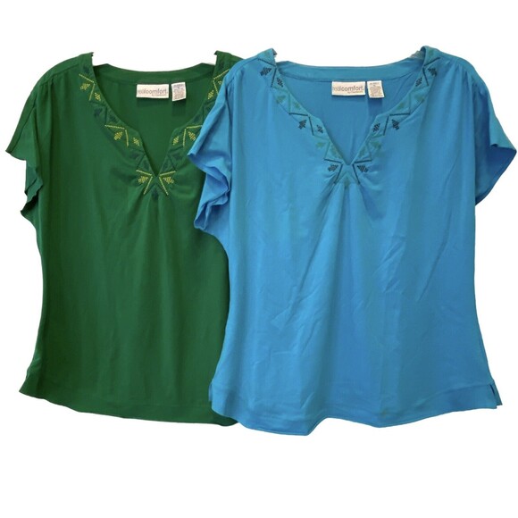 Real Comfort Womens Bundle 2 Tees Kelly Green Turq Cap sleeves XL Embroidery NEW - Picture 1 of 10